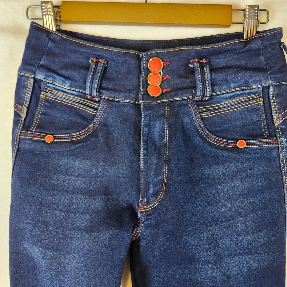 Bon Bon Up Womens High Rise Skinny Jeans Dark Wash Red Button Accents Indigo - Picture 13 of 14